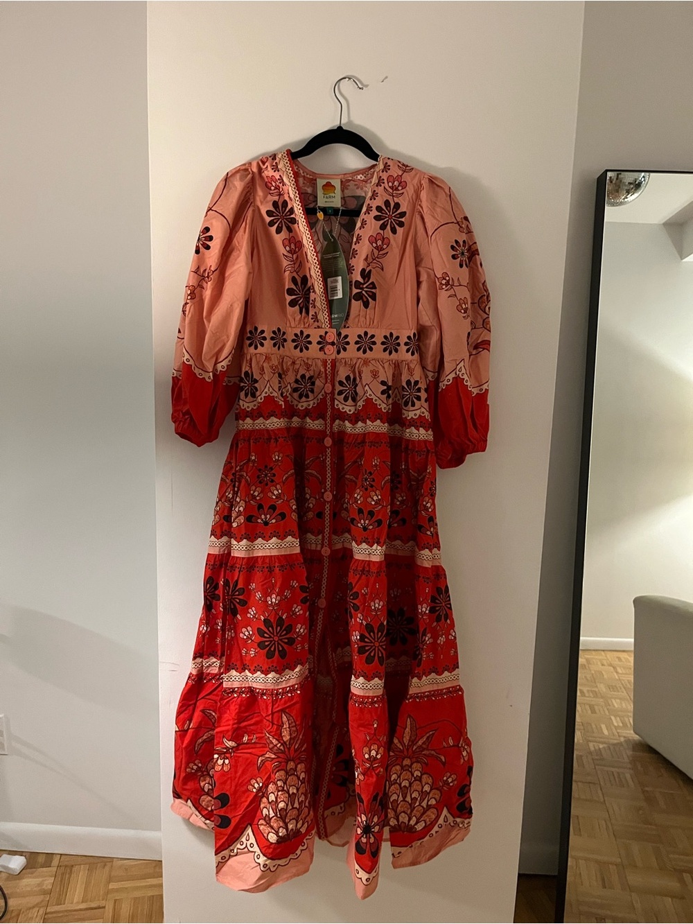 Farm Rio Cotton Red & Peach Floral Bohemian Maxi Dress